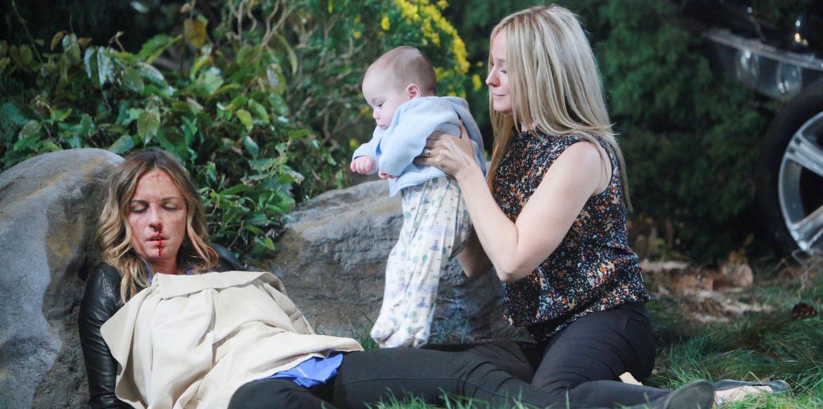 kelly sullivan as sage dying, sharon case as shaorn holding baby on young and restless.