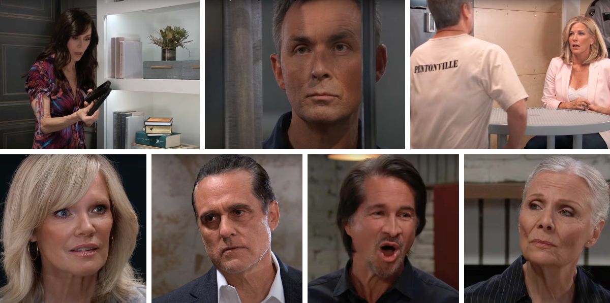 general hospital spoilers collage of anna, valentin, ava, sonny, finn, tracy, carly.