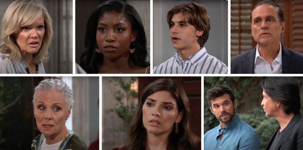 general hospital spoilers collage of ava, trina, gio, sonny, tracy, blq, chase, finn.