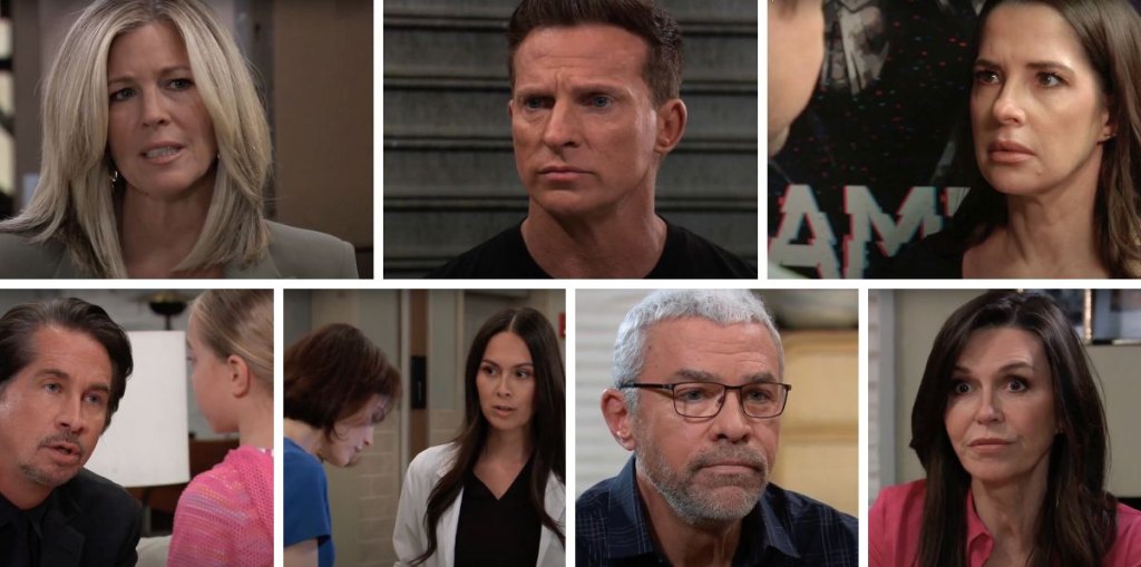 general hospital spoilers collage of carly, jason, sam, anna, mac, liz, finn.