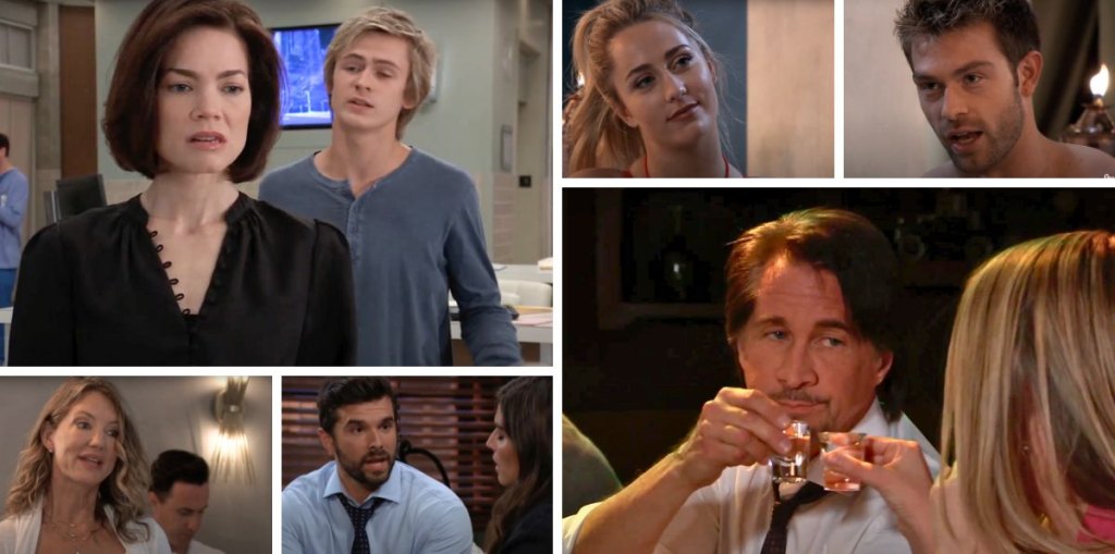 general hospital spoilers collage of liz, jake, joss, dex, finn, chase, nina.