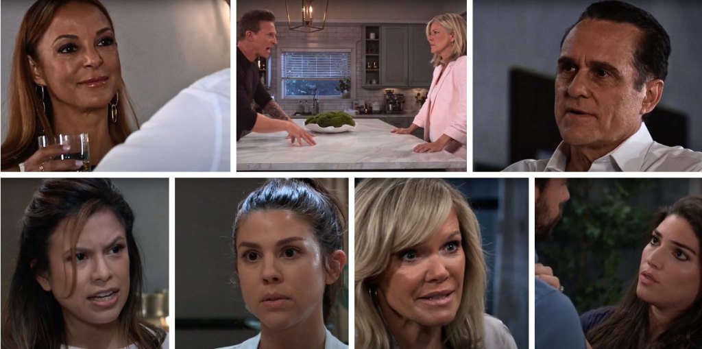 general hospital spoilers collage of natalia, sonny, carly, jason, ava, blq, kristina, blaze.