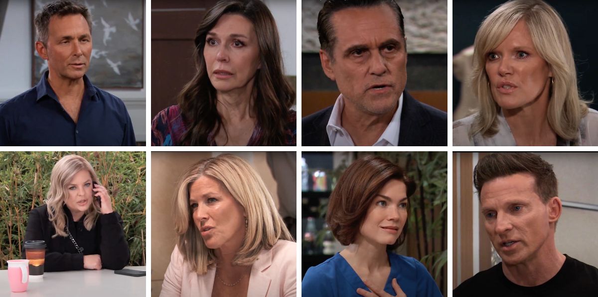 general hospital spoilers collage of valentin, anna, sonny, ava, liz, jason, maxie, carly.