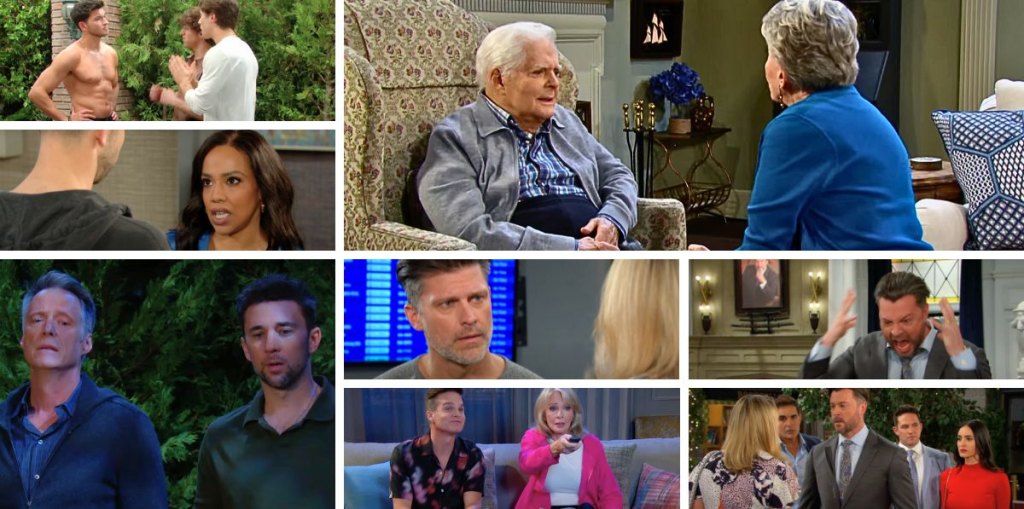 days of our lives spoilers collage of doug and julie, marlena, leo, jada, ej, nicole, eric, tate, alex ,aaron.