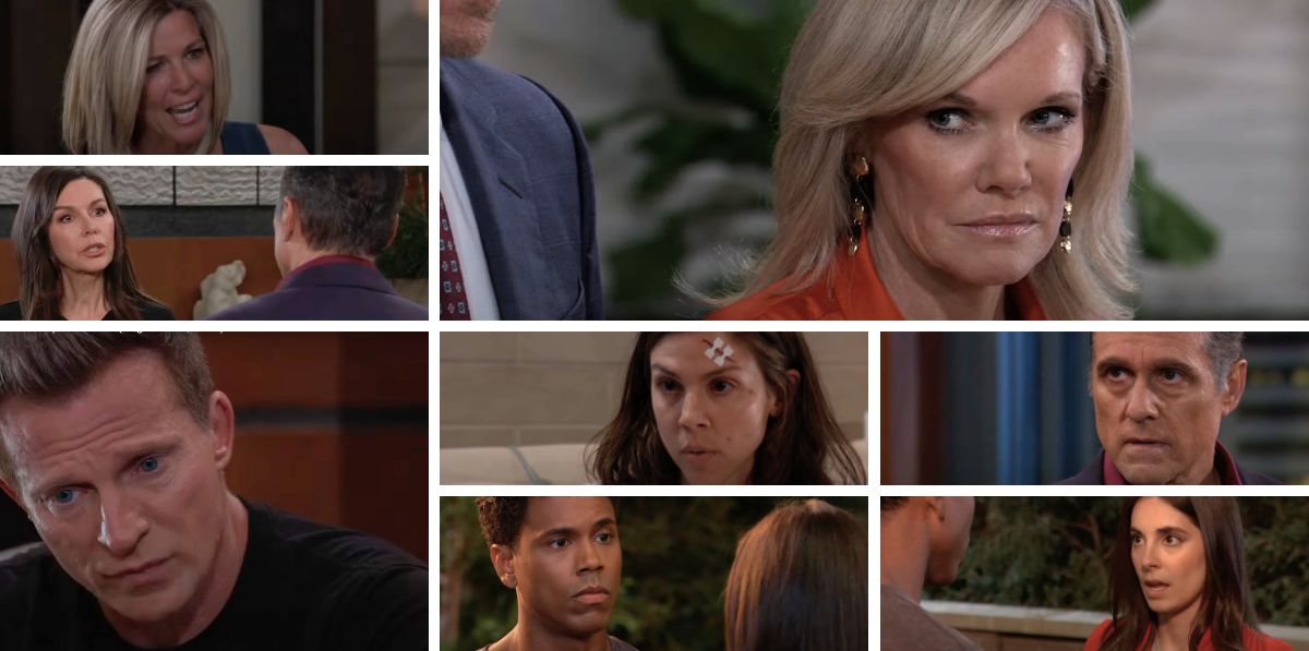 general hospital spoilers collage of ava, sonny, carly, jason, molly, kristina, tj, anna.