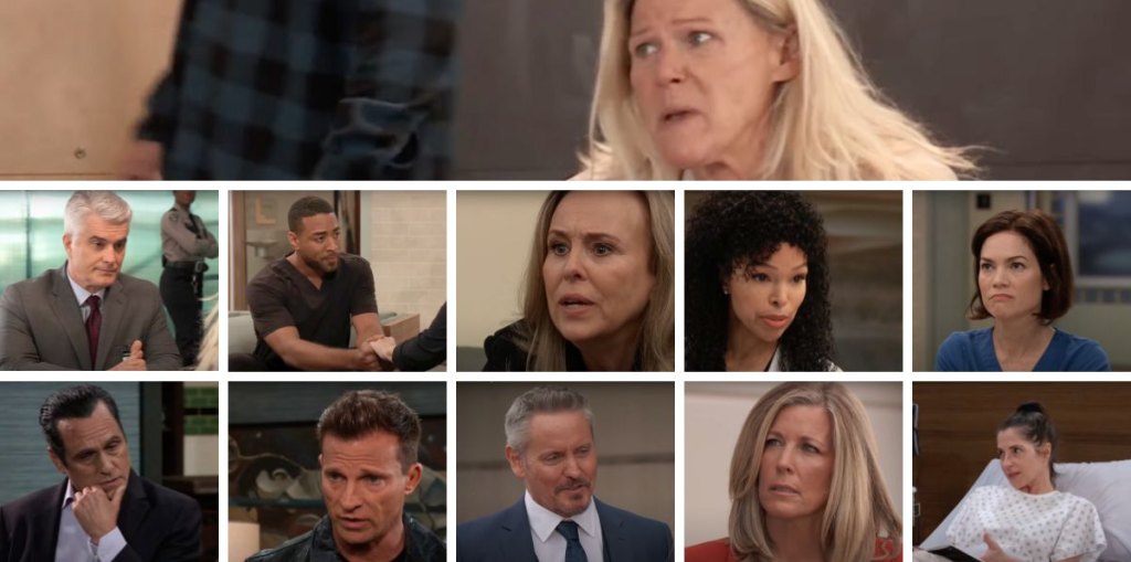 general hospital spoilers collage heather, sonny, jason, carly, jack, ric, portia, liz, isaiah, laura.