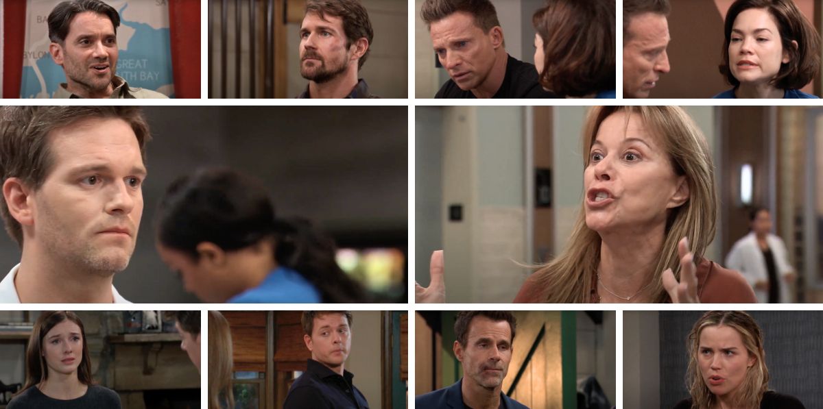 general hospital spoilers collage of lucas, alexis, jason, liz, cody, michael, drew, sasha, willow, dante.