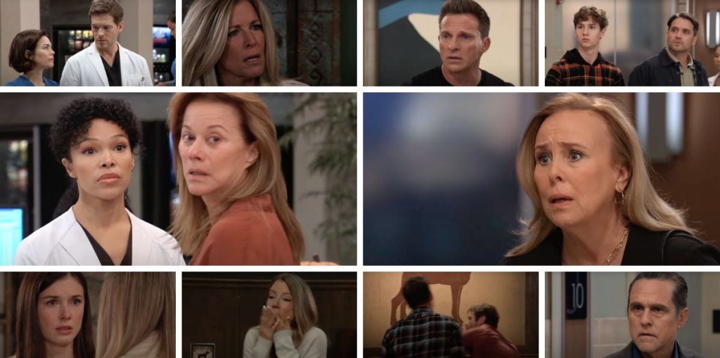 general hospital spoilers collage laura, alexis, portia, liz, lucas, dante, rocco, sonny, carly.