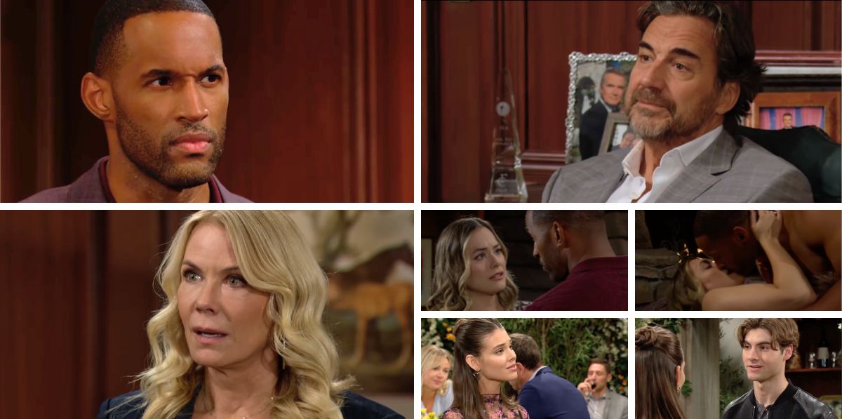 bold and beautiful spoilers collage of ridge, carter, hope, brooke, electra, remy.