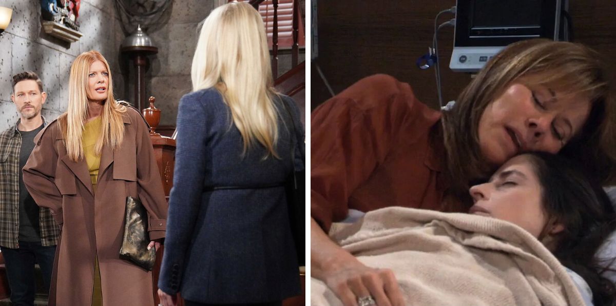 soaps daniel, phyllis look at christine on young and restless, alexis in bed with sam, dead, on general hospital.