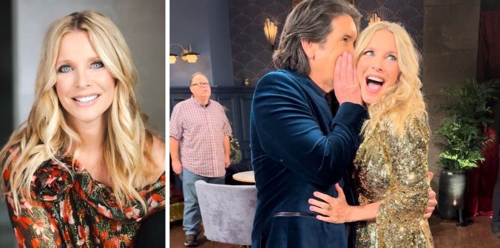 lauralee bell headshot and her whispering to michael damian on young and restless set.