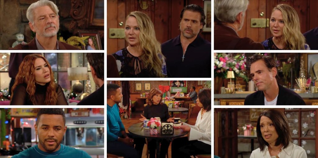 young and restless spoilers collage sharon, nick, alan, nate, amy, denise, sally, billy.
