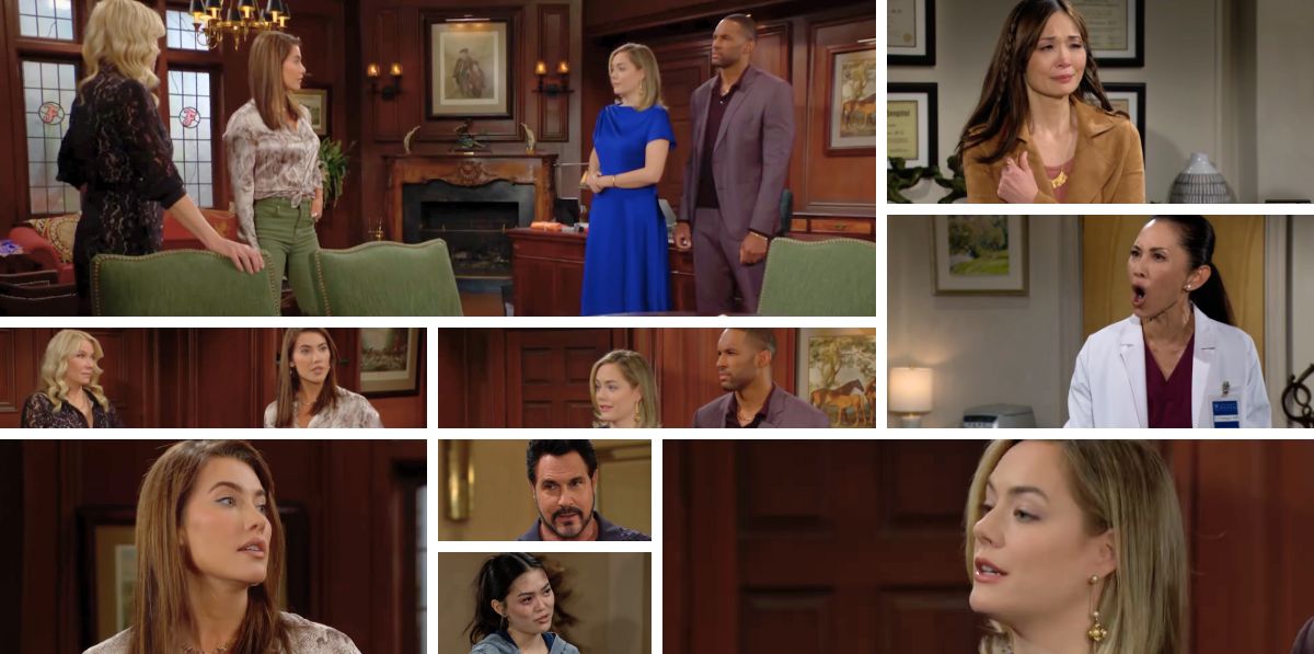 bold and beautiful spoilers promo collage, steffy, brooke, hope, carter, li, poppy, luna, bill.