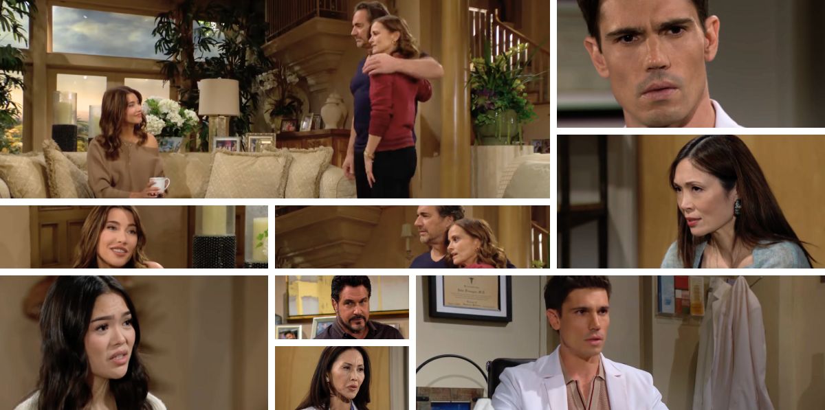 bold and beautiful spoilers promo collage of finn, steffy, poppy, ridge, taylor, li, luna, bill.