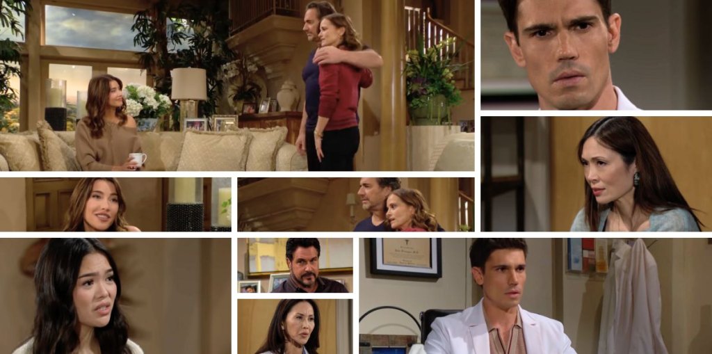 bold and beautiful spoilers promo collage of finn, steffy, poppy, ridge, taylor, li, luna, bill.