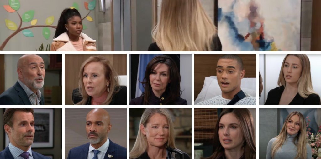 general hospital spoilers collage laura, jenz, anna, trina, kai, joss, willow, drew, nina, curtis, lulu.