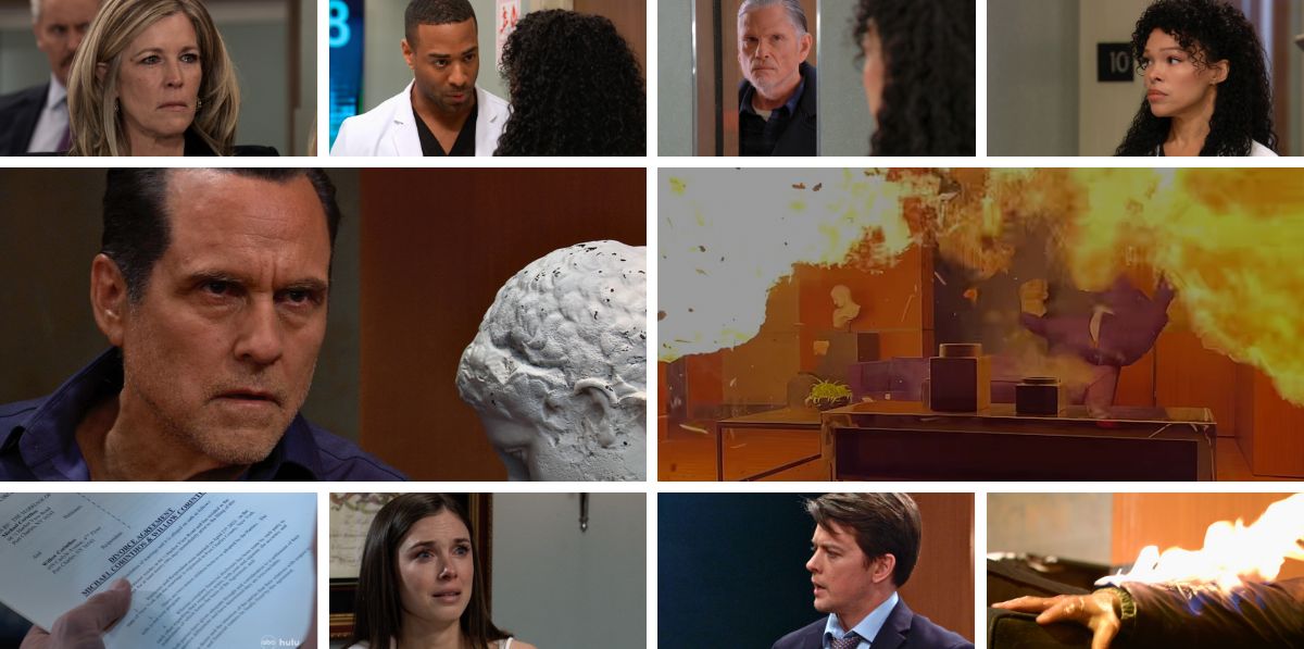 general hospital spoilers promo collage of sonny, explosion, carly, willow, michael, isaiah.