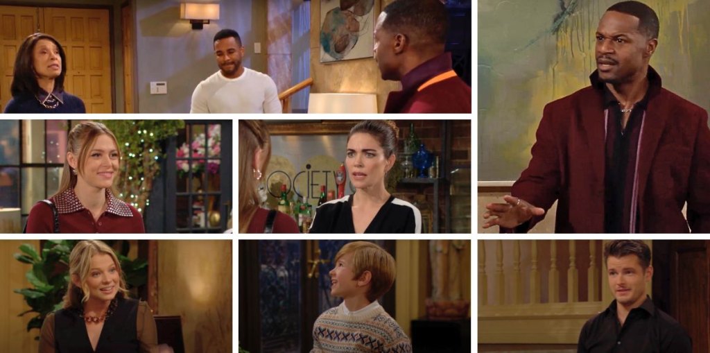 young and restless spoilers promo collage damian, amy, nate, claire, victoria, kyle, summer, harrison.