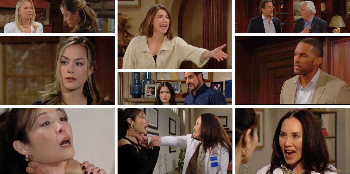 bold and beautiful spoilers promo collage of bill, luna, steffy, li, poppy, ridge, eric, carter, hope, brooke.