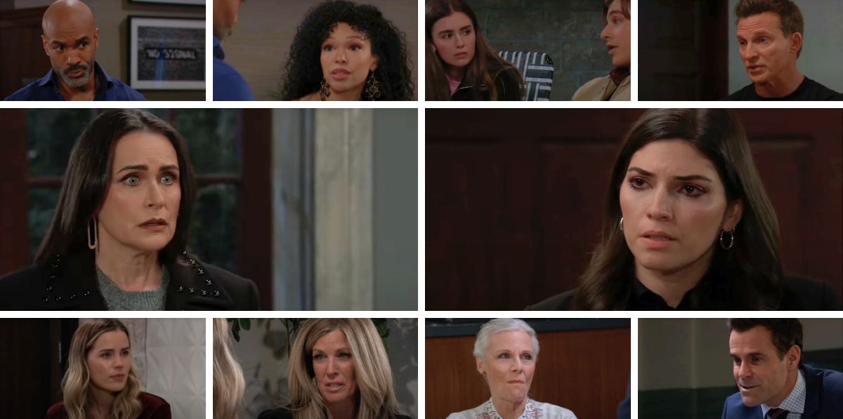 general hospital spoilers collage of lois, brook lynn, carly, sasha, jason, curtis, portia, emma, gio, tracy, drew.