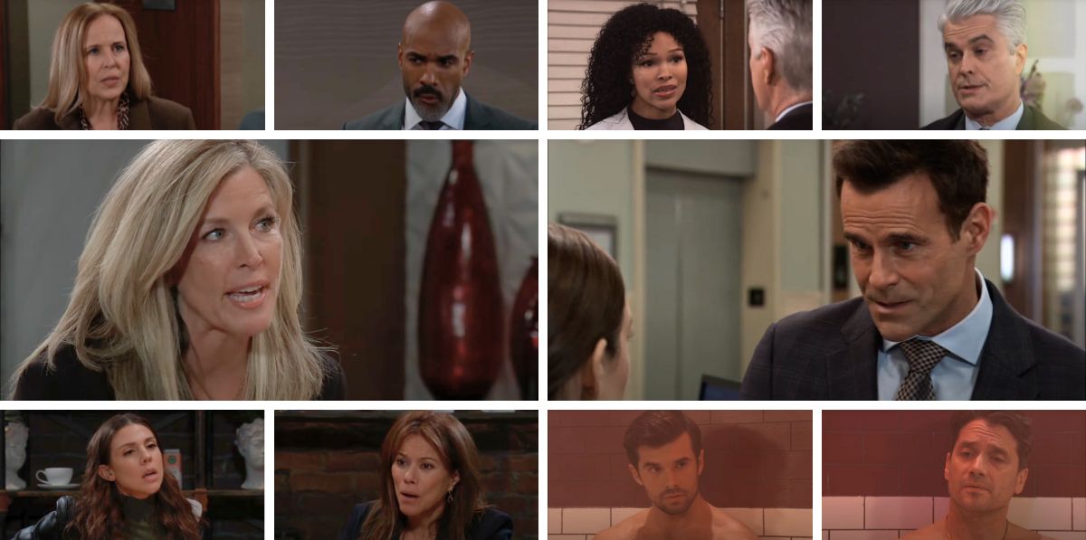 general hospital spoilers collage carly, drew, willow, portia, ric, laura, curtis, alexis, kristina, dante, chase.