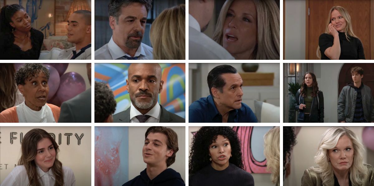 general hospital spoilers collage, trina, kai, portia, ava, curtis, stella, gio, emma, carly, jack, lulu, sonny, rocco, kristina.