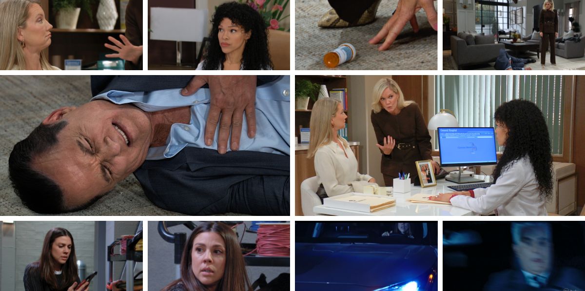 general hospital spoilers promo collage, ava, portia, nina, sonny, kristina, pills, car crash.