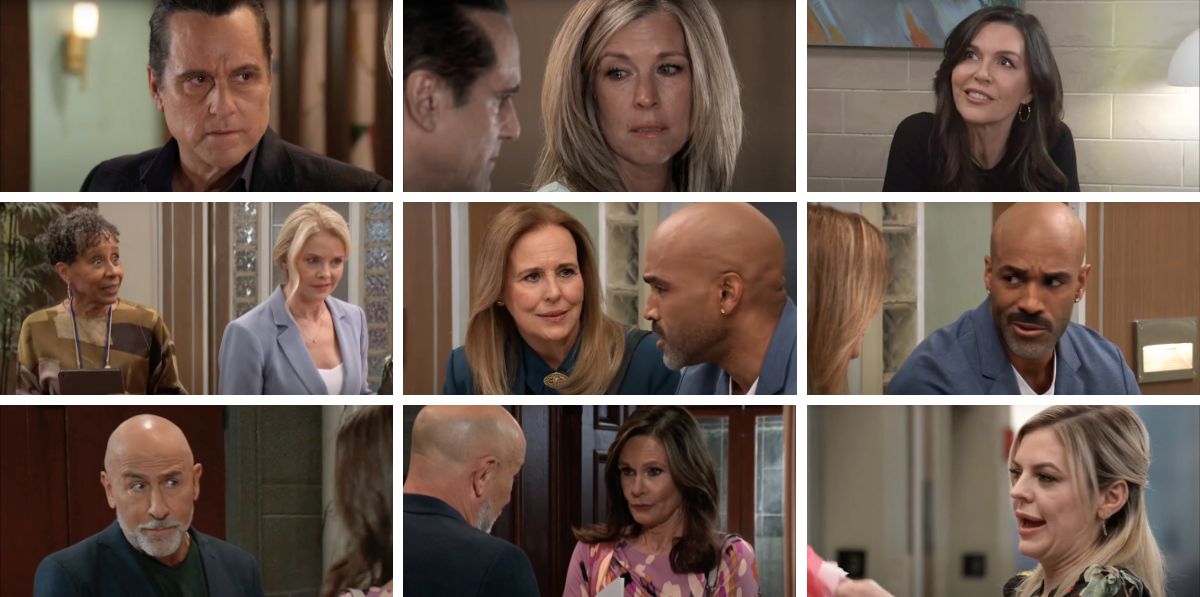 general hospital spoilers collage sonny, carly, laura, curtis, stella, felicia, maxie, jenz, lucy.