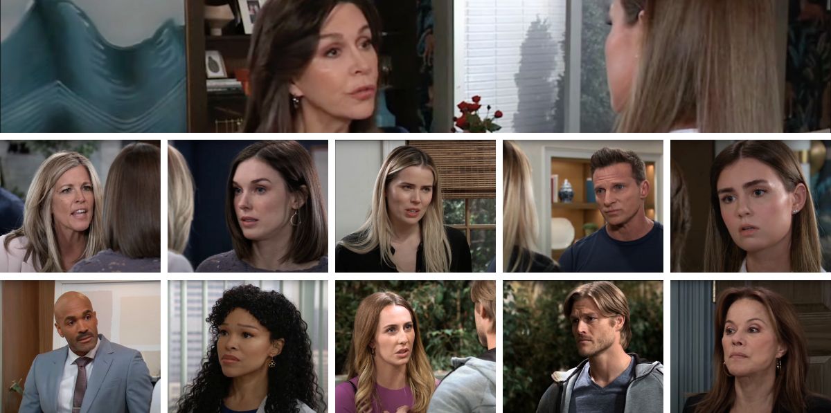 general hospital spoilers collage carly, willow, sasha, jason, joss, vaughan, curtis, portia, anna, emma, alexis.