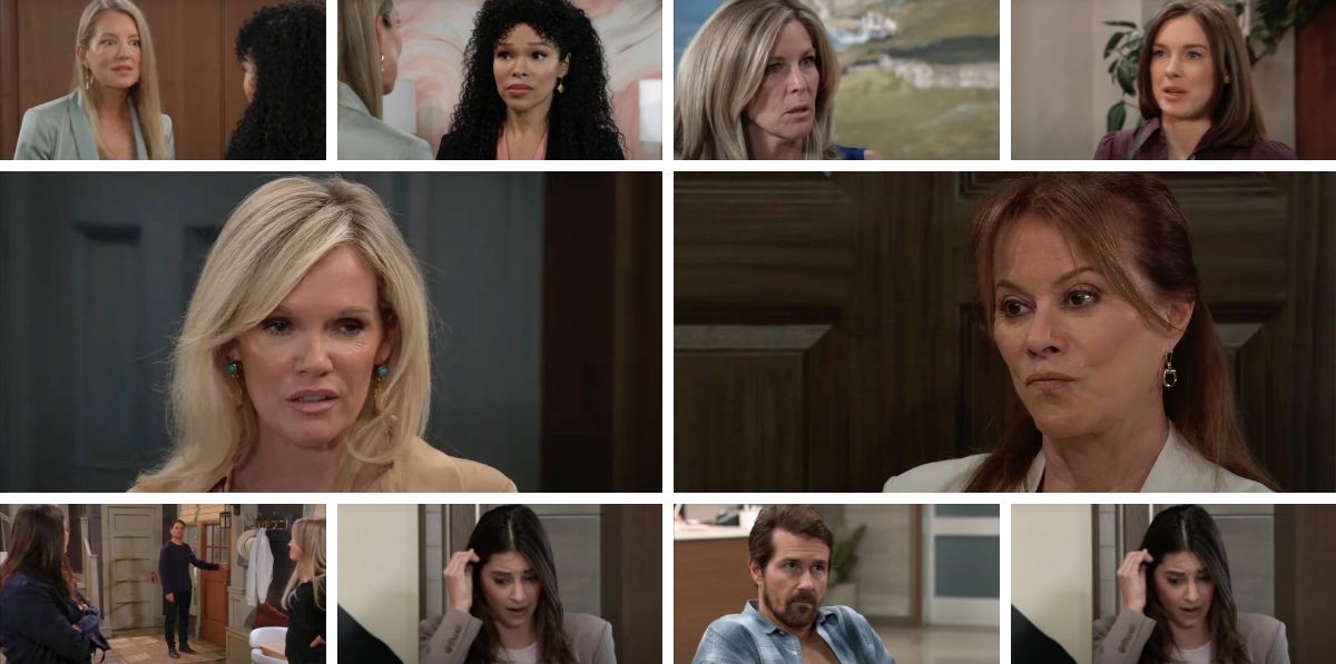 general hospital spoilers collage of brook lynn, lulu, alexis, ava, carly, willow, portia, nina, molly, kristina, cody.