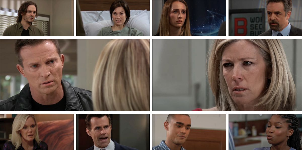 general hospital spoilers collage jason, carly, ava, drew, trina, kai, liz, lucky, joss, jack.