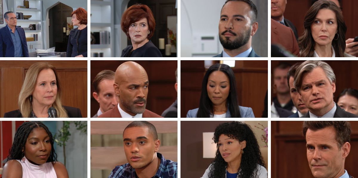 general hospital spoilers promo collage, laura, jordan, anna, curtis, portia, trina, kai, drew, diane, sonny, marco.