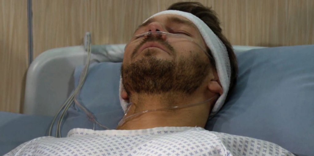 scott clifton as liam in a hospital bed on bold and beautiful.