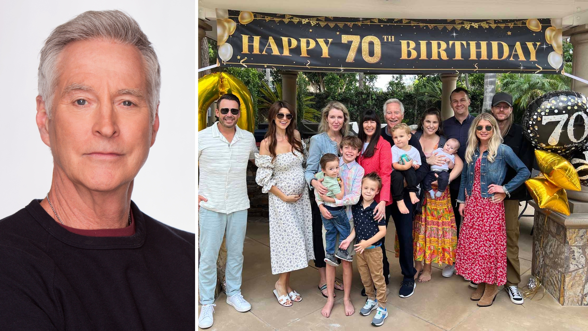 drake hogestyn next to a photo of his family at his 70th birthday.