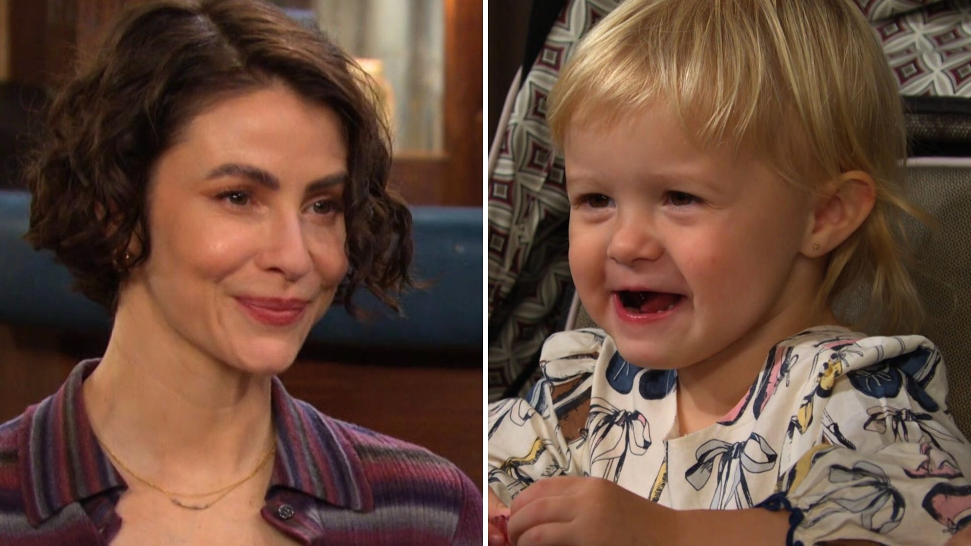linsey godfrey, who plays sarah, with one of the hileman babies playing victoria on days of our lives.
