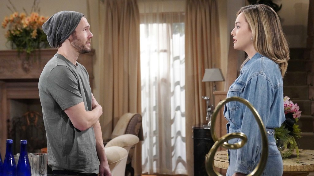 scott clifton as liam, annika noelle as hope, talking on bold and beautiful.