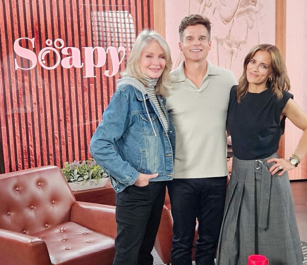 deidre hall on set of soapy podcast with greg rikaart and rebecca budig.