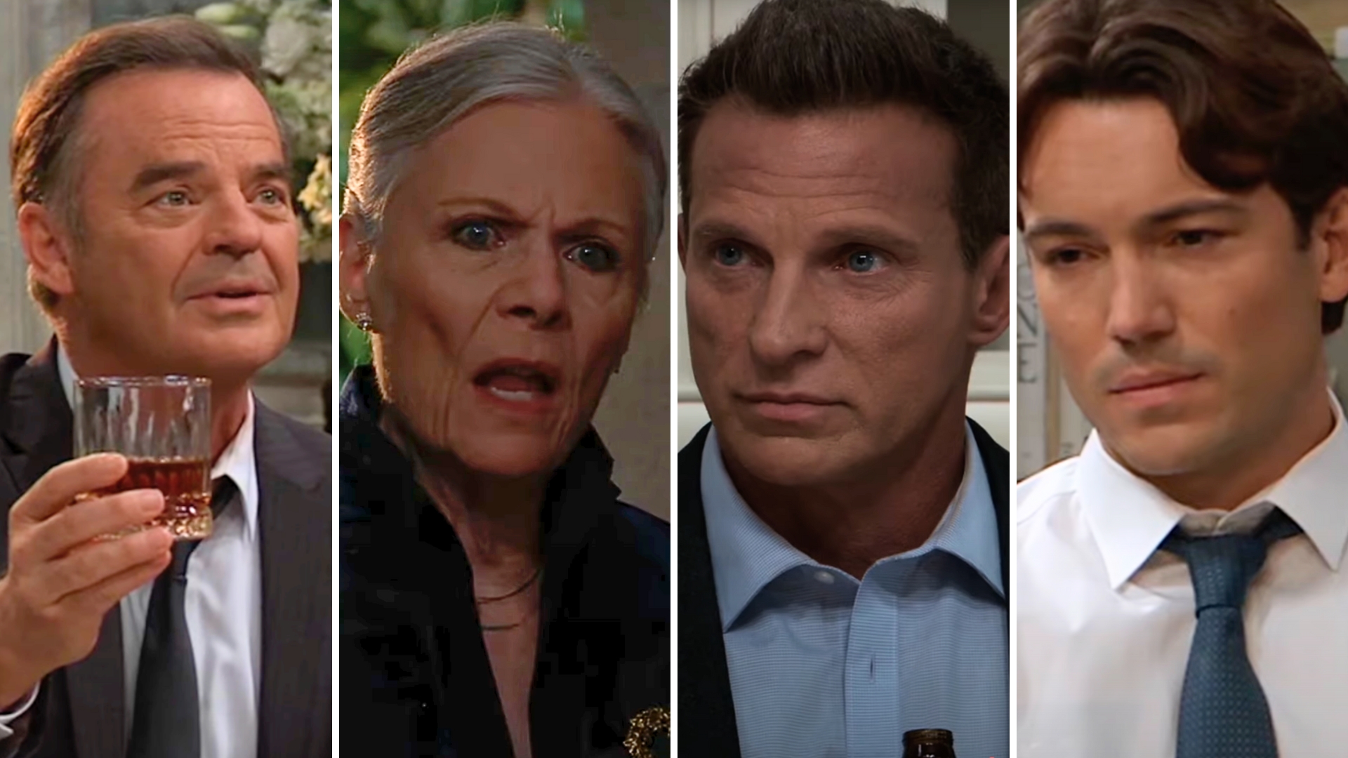 ned gives a toast, shocked tracy, jason and michael on general hospital.