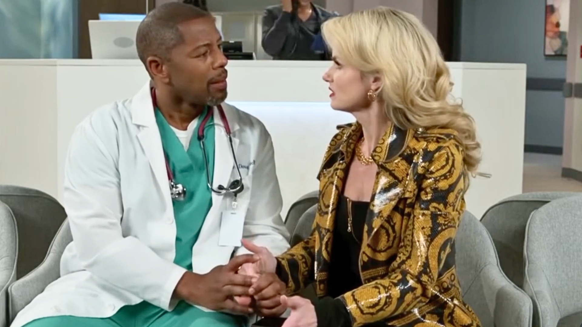 doug and vanessa mcbride sitting at the hospital talking on beyond the gates