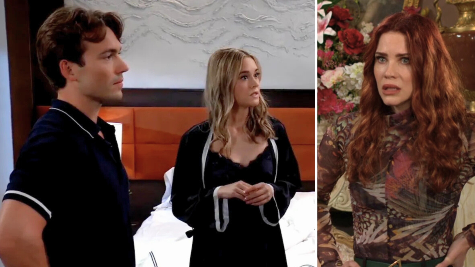 michael with jacinda in the hotel room on general hospital, upset sally on young and restless.