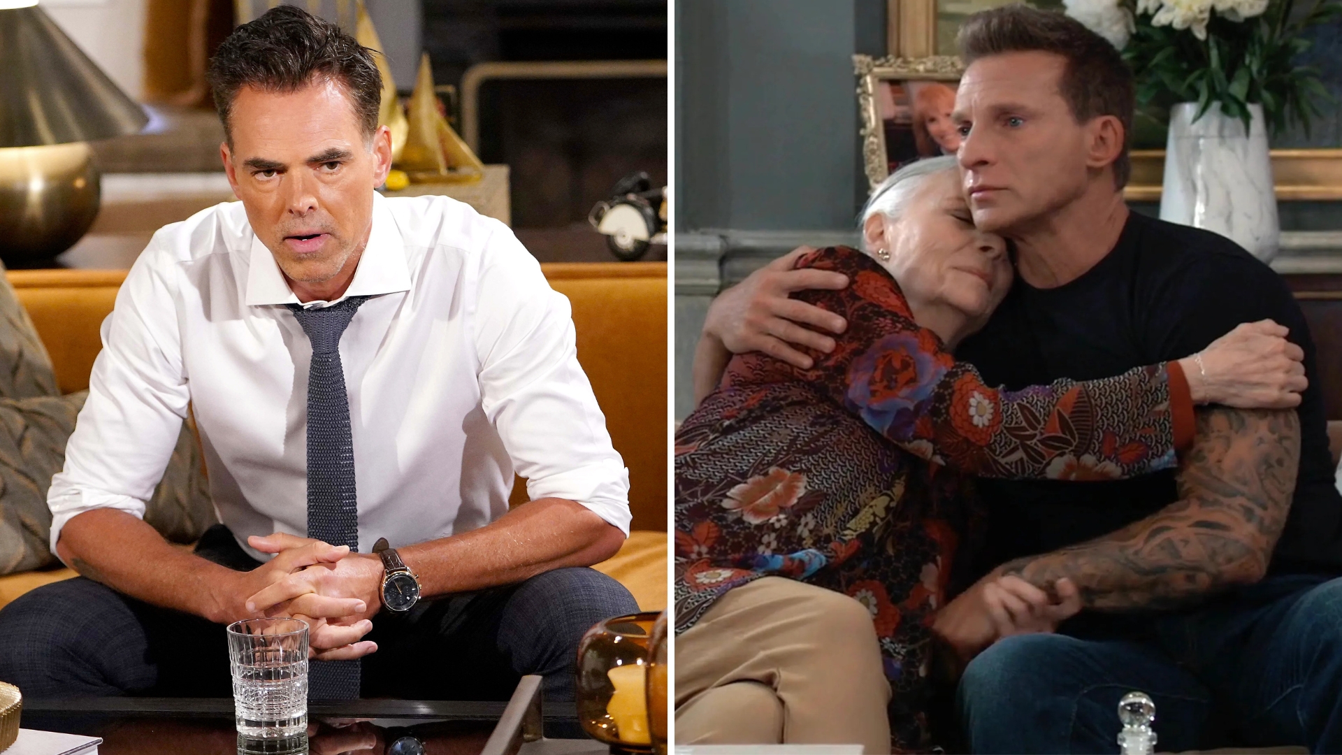 soaps billy holding a drink on young and restless, jason holding tracy on general hospital.