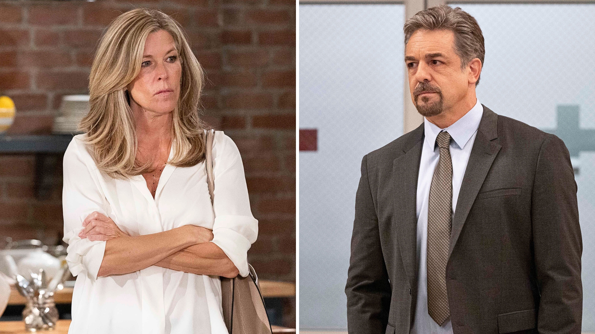 carly with her arms crossed and jack brennan put on the spot on general hospital.