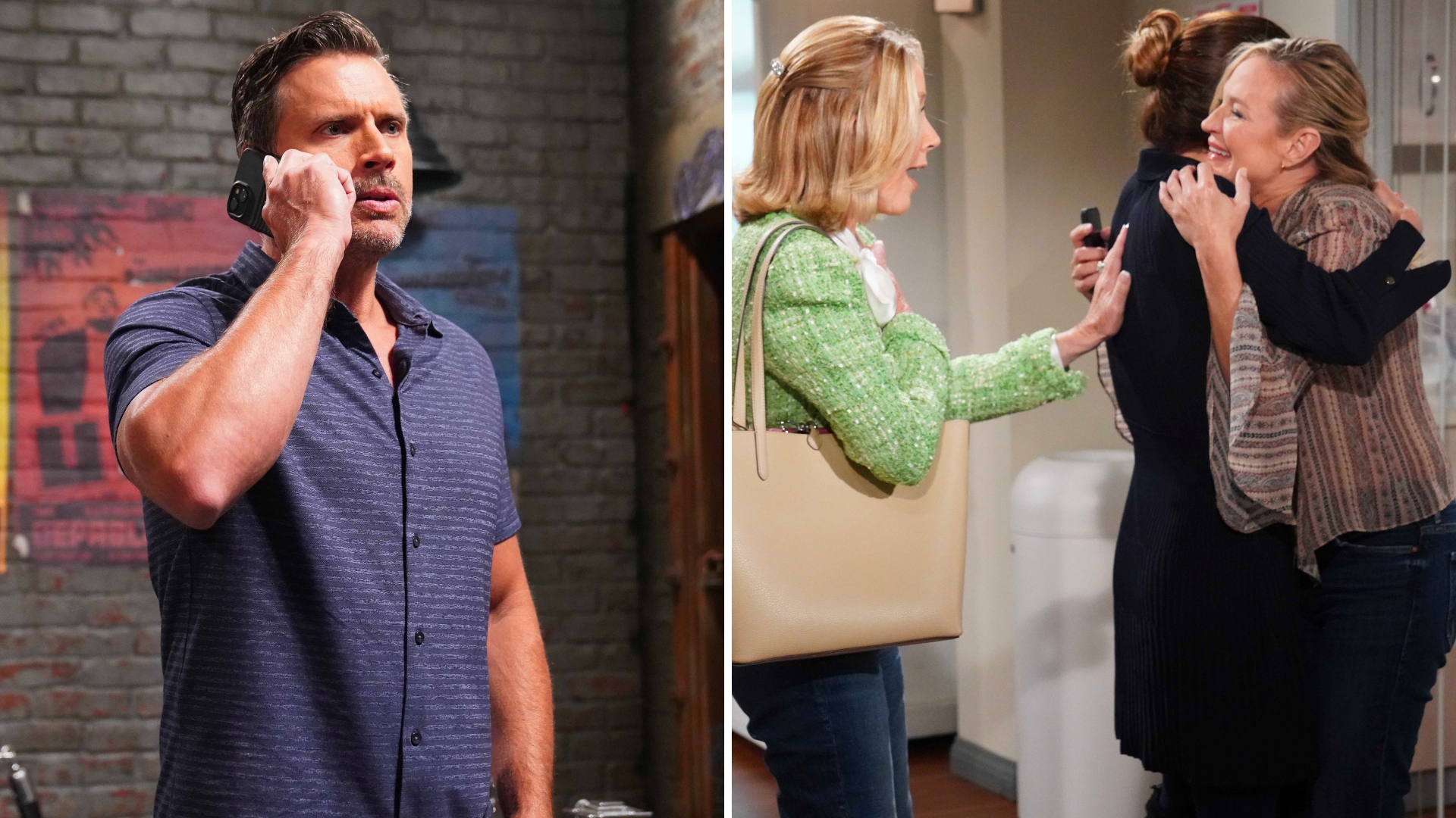 nick on the phone and sharon hugs victoria as nikki smiles.