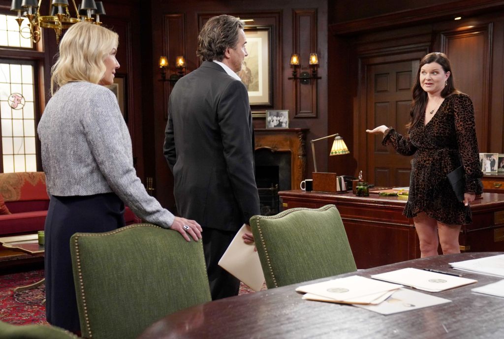 katherine kelly lang, thorsten kaye and heather tom as brooke, ridge and katie on bold and beautiful, december 2025