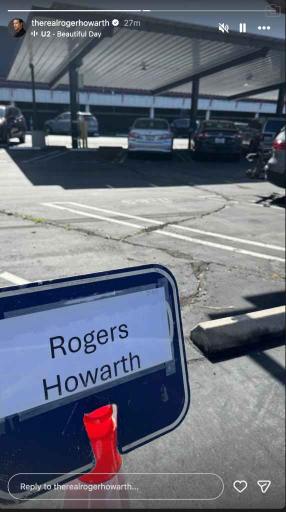 Roger Howarth's Instagram story featuring his parking spot at CBS