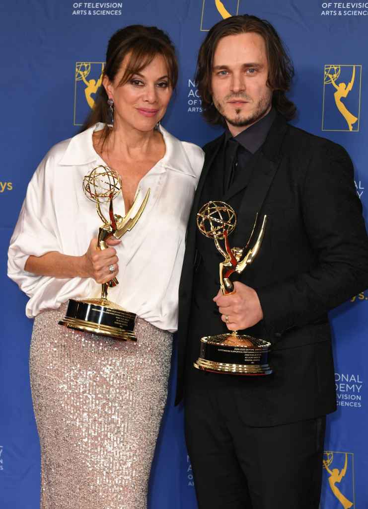 Nancy Lee Grahn and Jonathan Jackson posing with their 2025 Daytime Emmy awards