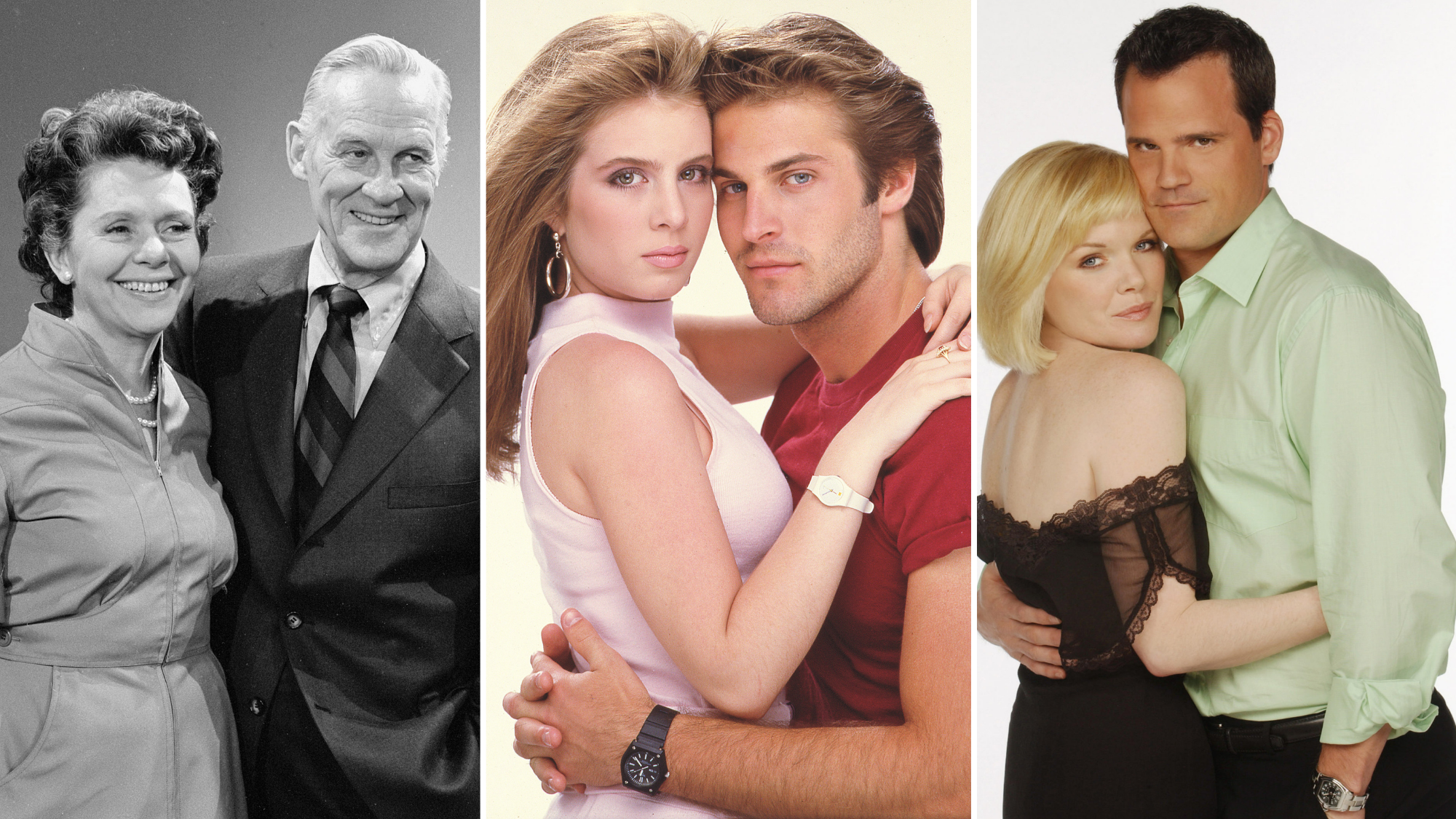 composite of Helen Wagner and Don McLaughlin, Martha Byrne and Jon Hensey, Maura West and Michael Park on As the World Turns