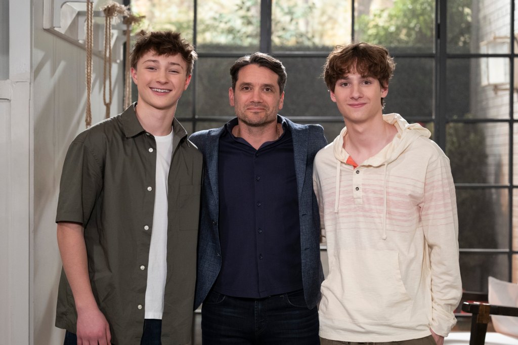 Asher Antonyzyn, Dominic Zamprogna, Finn Carr posed on the general. hospital set