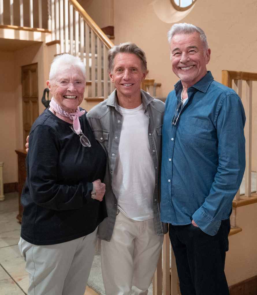 susan flannery, brad bell and ian buchanan posed on B&B set